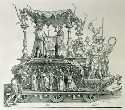 Het Bourgondische huwelijk of de triomftocht van keizer Maximiliaan I van Duitsland (1459-1519) met de huwelijkswagen van Maximiliaan en Maria van Bourgondië (1458-82) bestuurd door de figuur van Vic door Albrecht Dürer